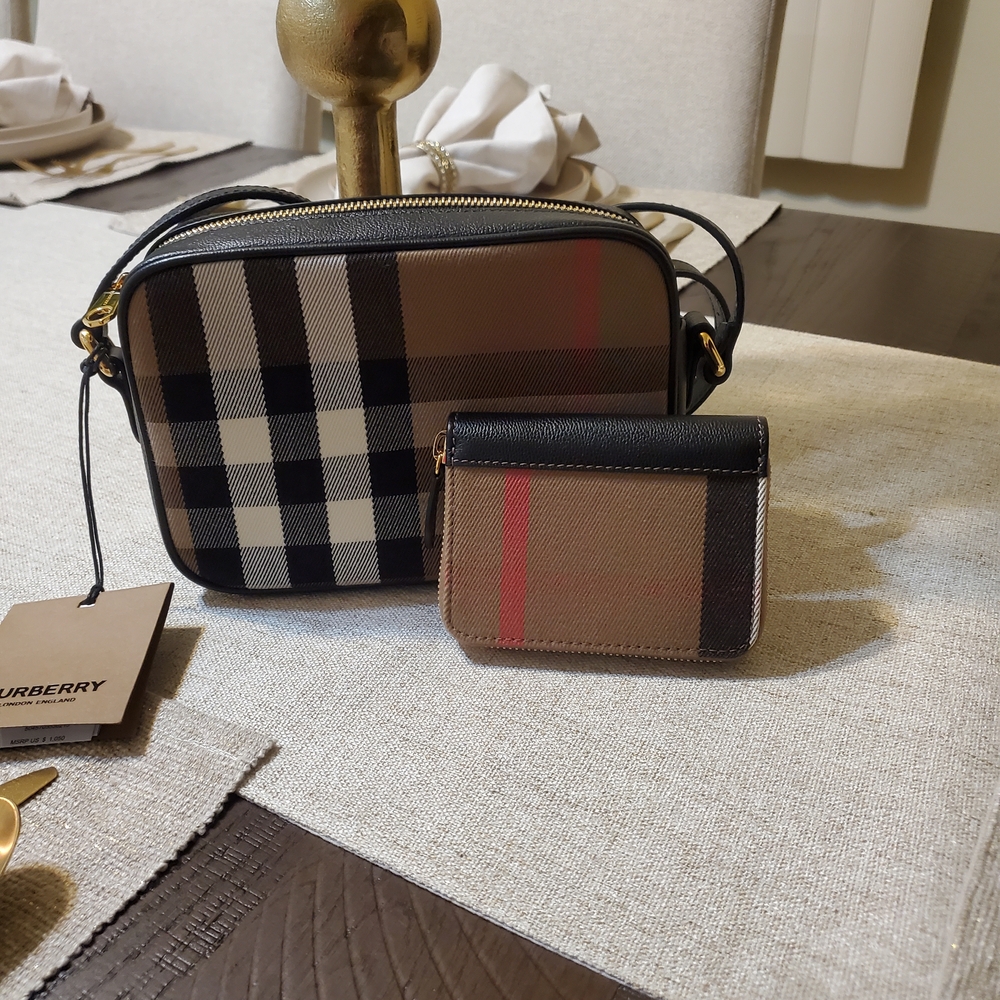 Burberry Tan Black Plaid Crossbody Bag with Card Holder